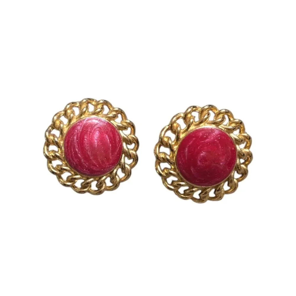 Vintage Gold Tone Swirl Cabochon Clip-On Earrings, Retro Round Statement Jewelry